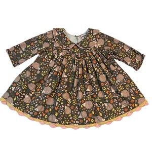 Cotton Kids Hedgehog Print Baby Dress 3M Peter Pan Collar Fall Floral Rare‎